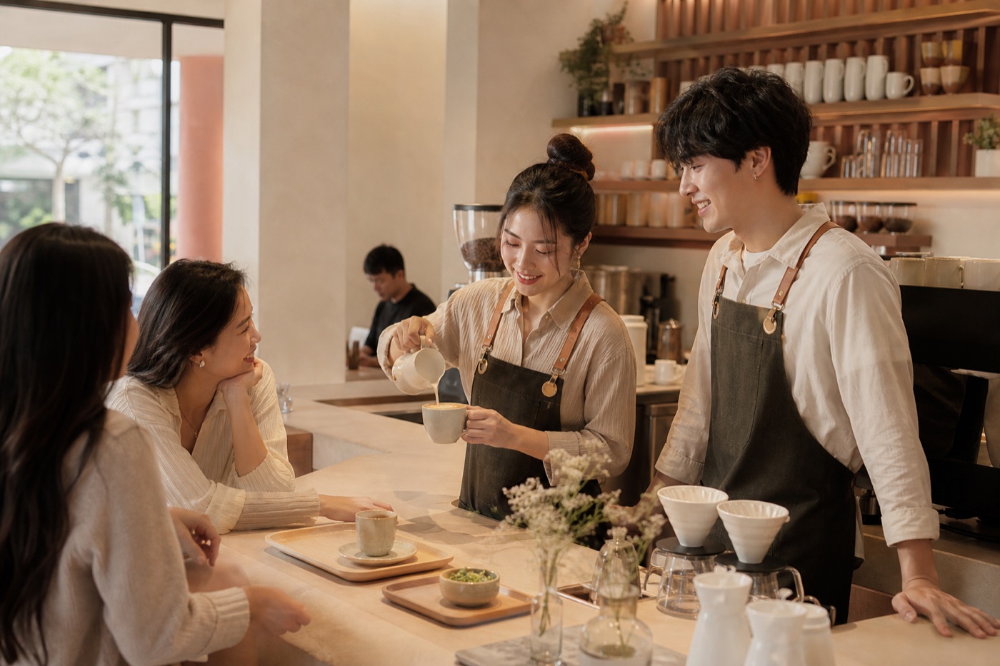 H'OUR baristas crafting coffee in a warm, welcoming café